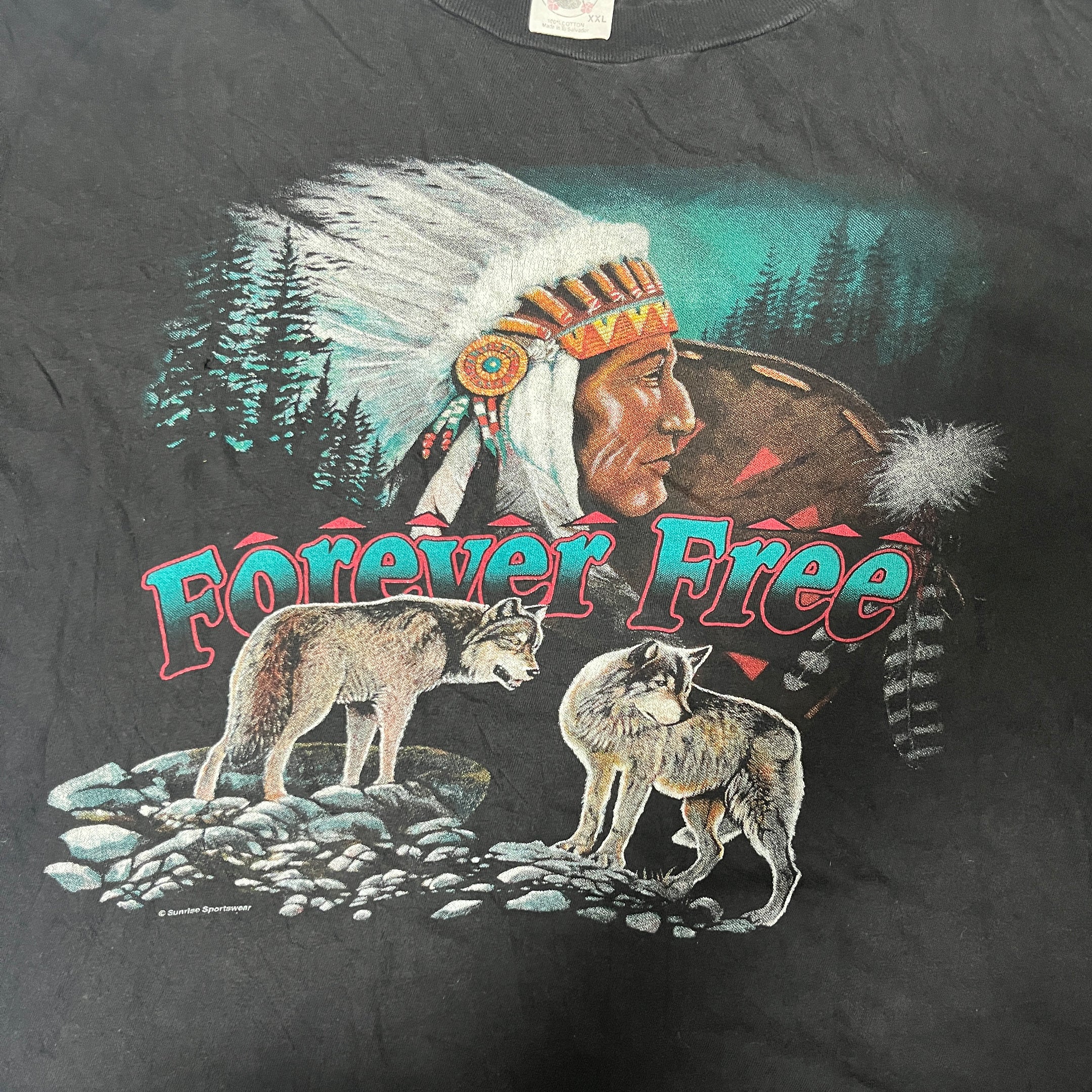 ◾️90s Caribbean Dream “Forever Free” Native American Wolves Vintage T-Shirt